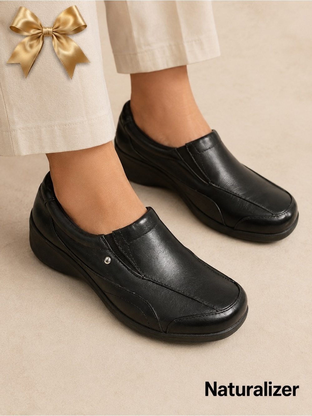 Naturalizer Black Leather Wedge Slip On Shoes Size 6.5